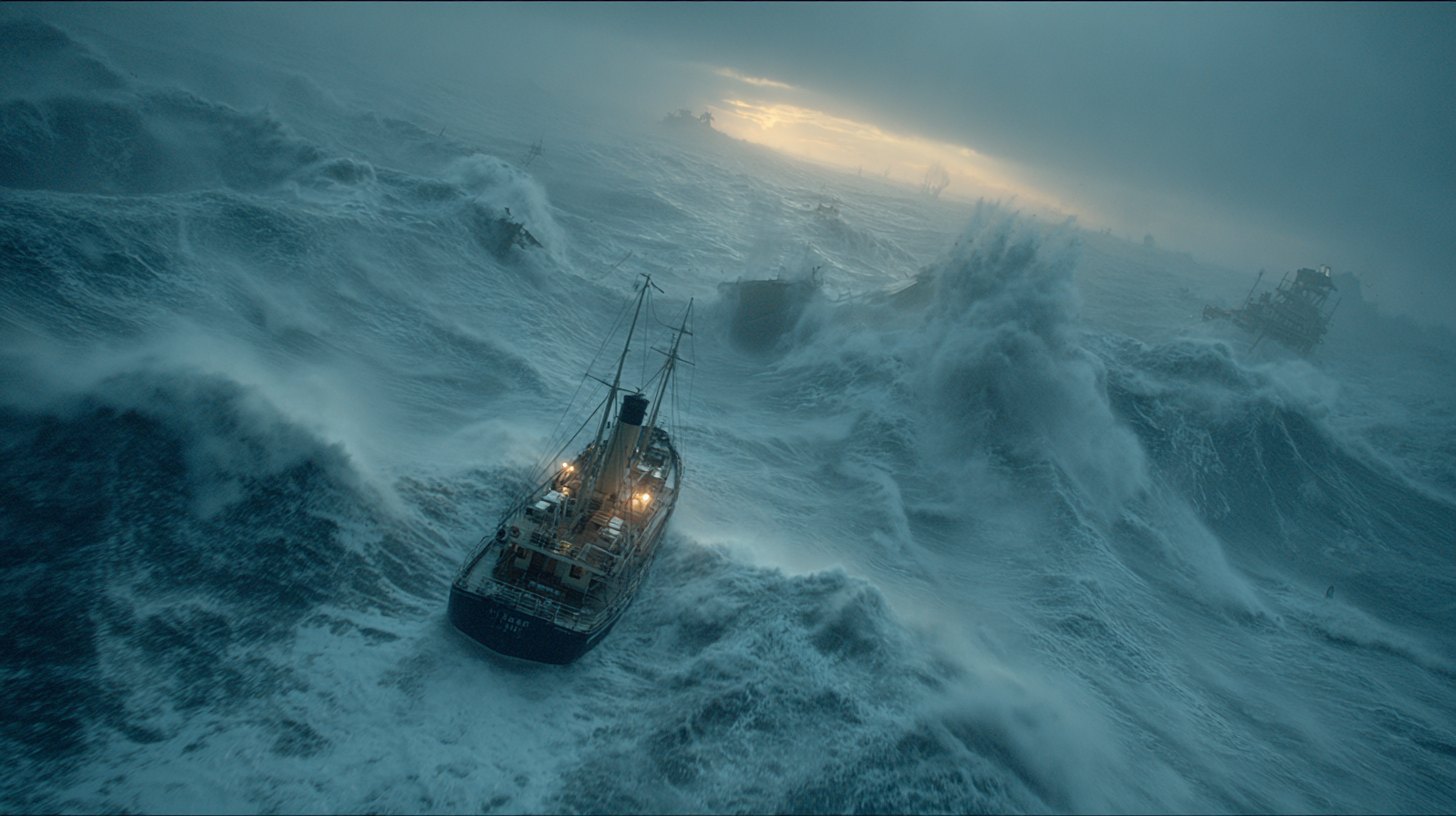 A ship navigates tumultuous, dark ocean waves under a stormy sky at dusk. Intense waves crash around, conveying a sense of danger and urgency.