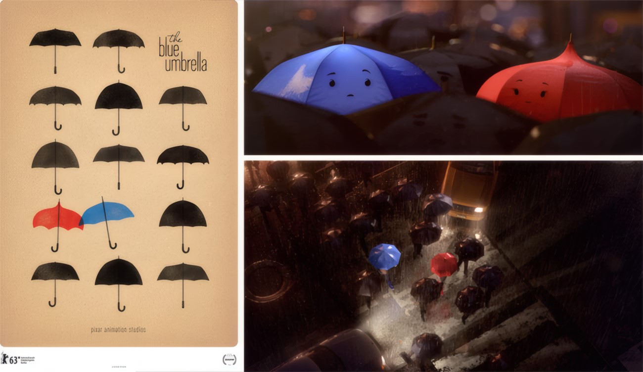 Poster with a beige background shows nine black umbrellas, a blue umbrella, and a red umbrella. Right images depict blue and red umbrellas with faces in rain. The scene conveys whimsy and curiosity.