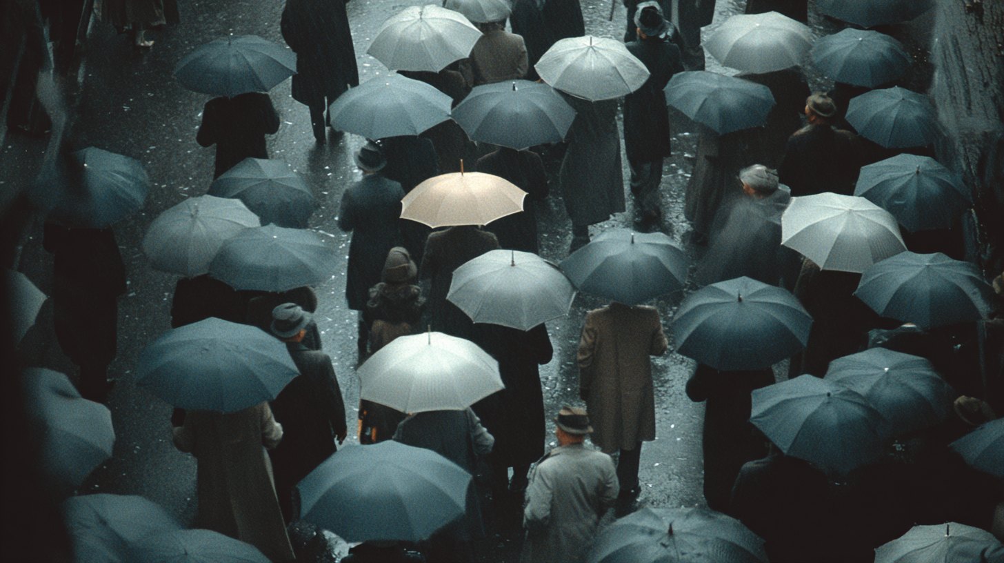 Overhead view of a crowded street filled with people holding umbrellas. Most umbrellas are dark, except for one light-colored umbrella, creating a muted, rainy atmosphere.