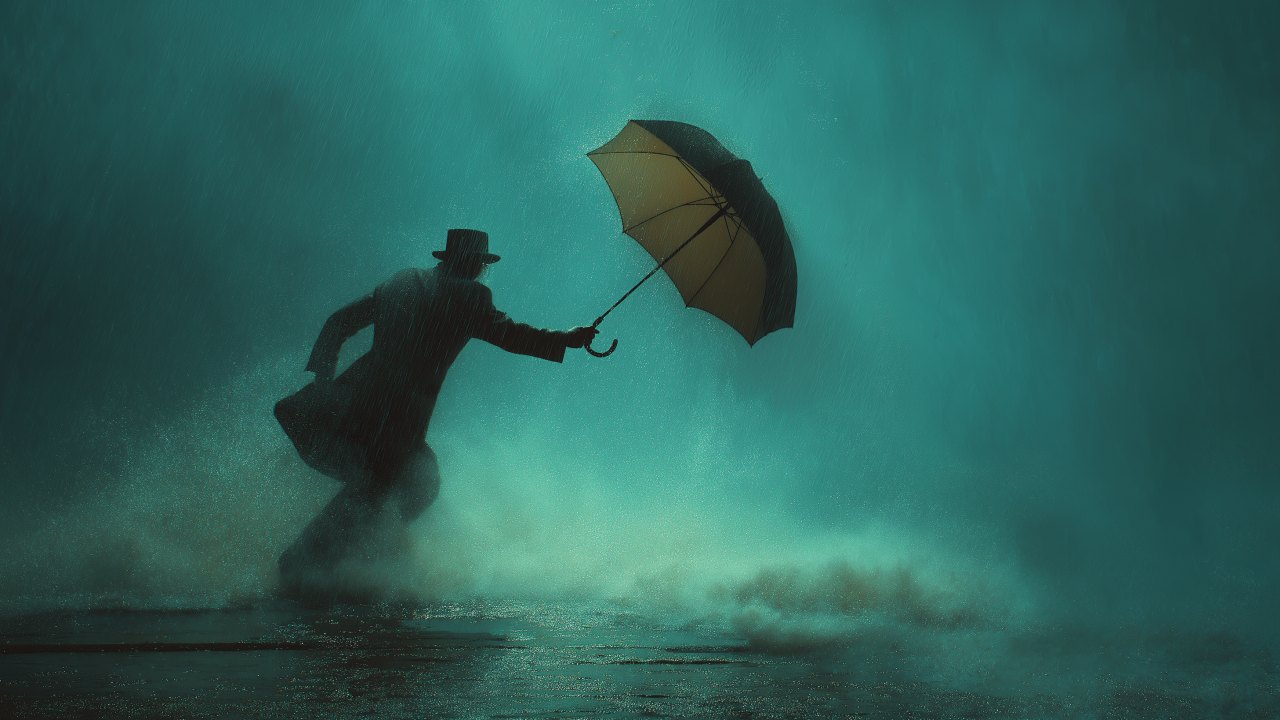 A silhouette of a person in a coat and hat runs through heavy rain, holding a yellow umbrella. The scene is dramatic, with a teal-toned background.