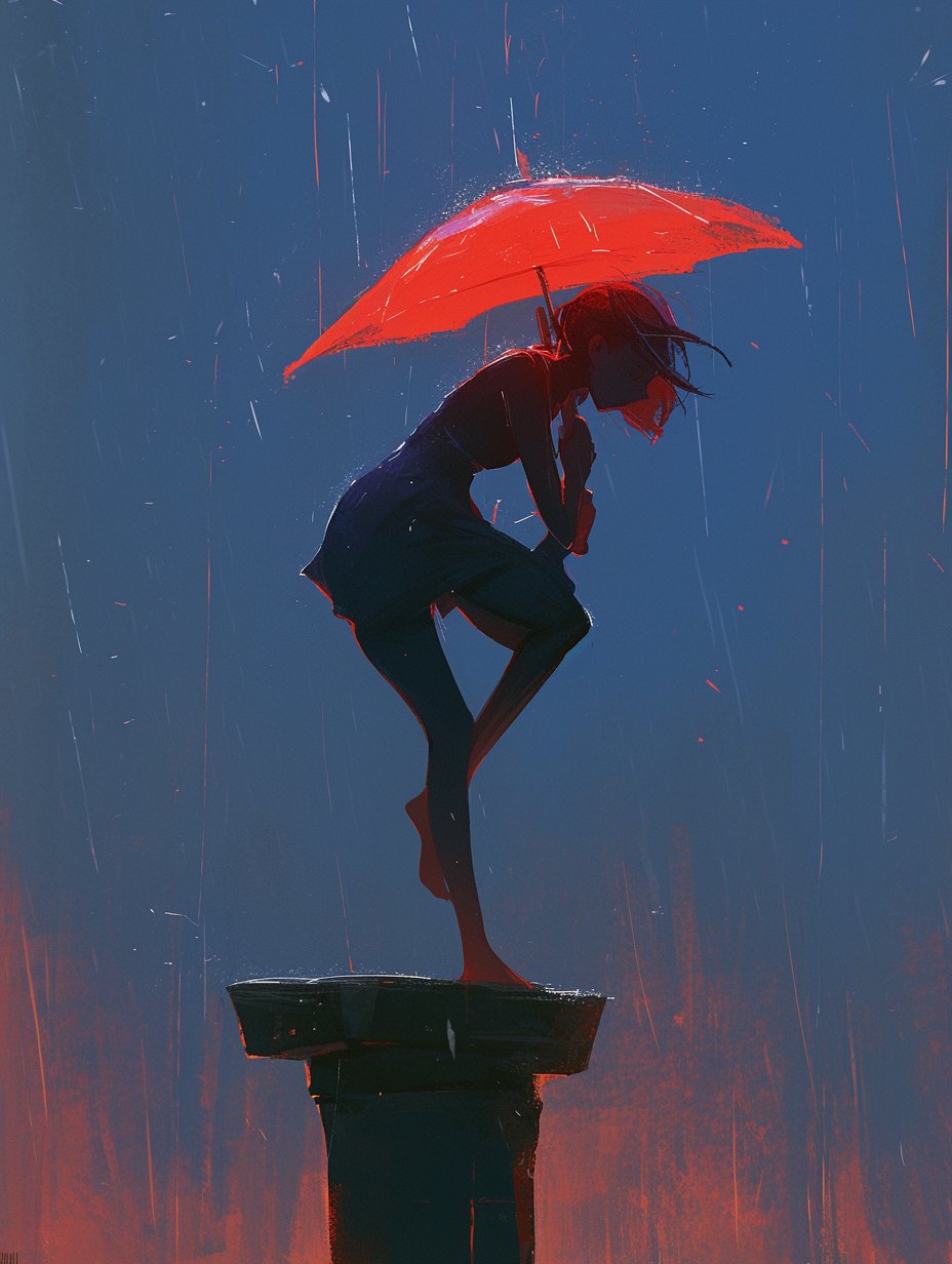 Silhouetted figure balancing on a pedestal under a red umbrella, amidst rain. The scene is illuminated by an orange glow, creating a moody, dramatic tone.