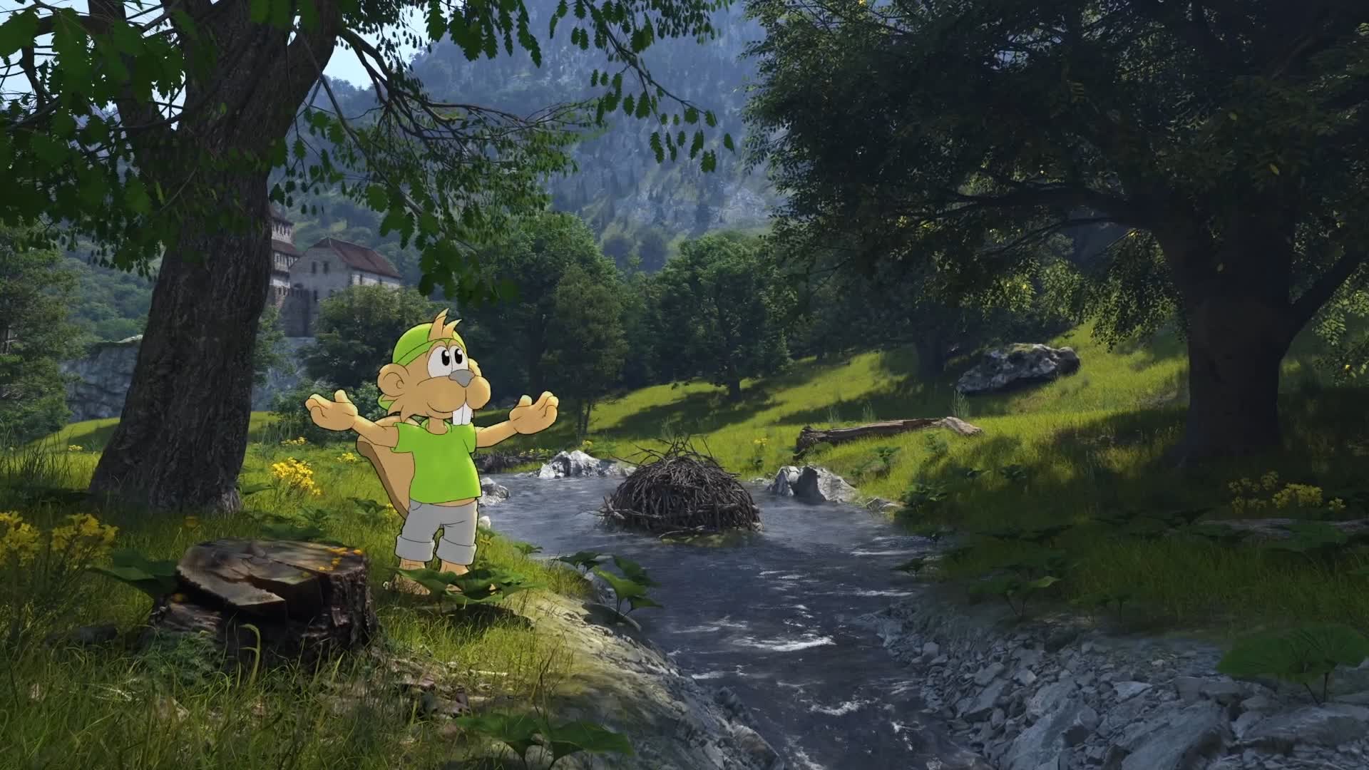 The cartoon character Biber Berti in a green outfit stands cheerfully beside a bubbling stream in a lush, mountainous forest setting, conveying a sense of adventure.
