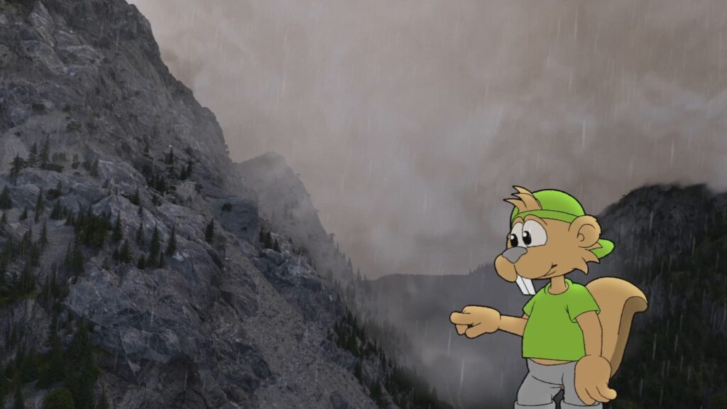 The cartoon beaver "Biber Berti" wearing a green cap and shirt stands on a rocky mountain. The background shows a cloudy sky with rain, creating a moody atmosphere.