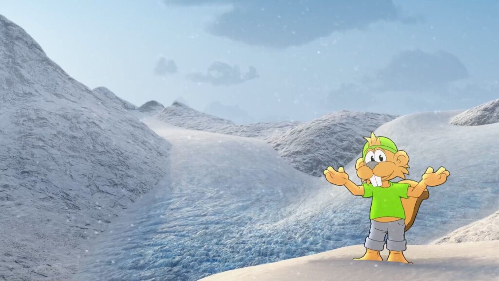 The cartoon beaver "Biber Berti" stands with arms open on a snowy mountain landscape. The beaver wears a green shirt and hat, conveying a welcoming tone.