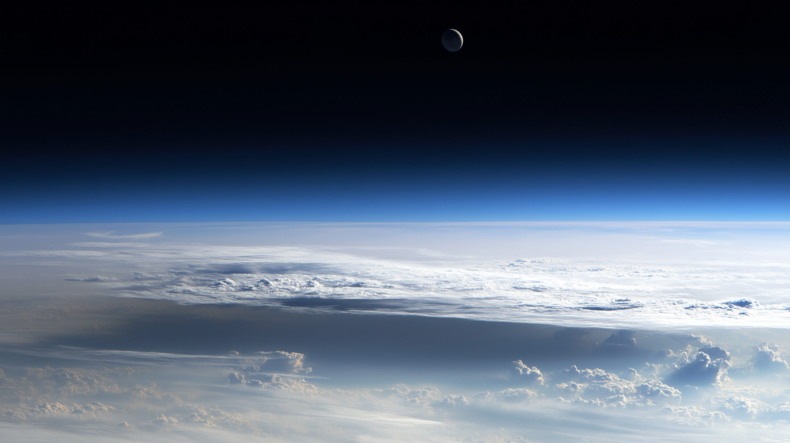 A crescent moon hovers over a serene Earth horizon. White clouds blanket the curvature, blending into deep blues of space, evoking tranquility and wonder.
