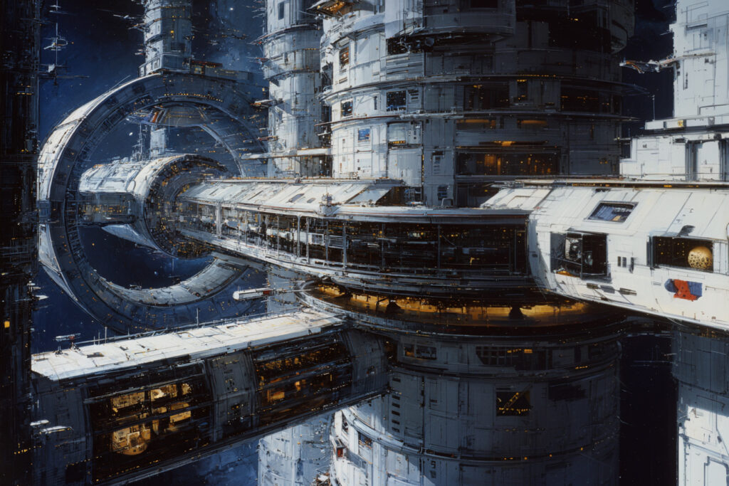 Futuristic space station with intricate, cylindrical structures, illuminated windows, and connecting bridges, set against a starry cosmic backdrop.