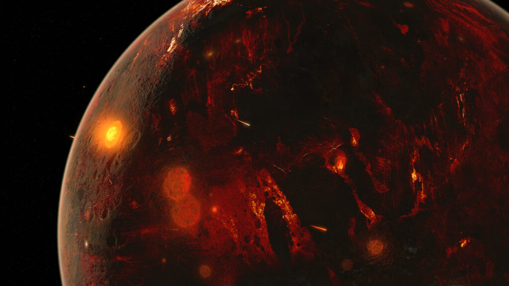 A fiery, volcanic planet glowing red and orange against a dark space backdrop. The surface appears molten, conveying intense heat and a dramatic tone.